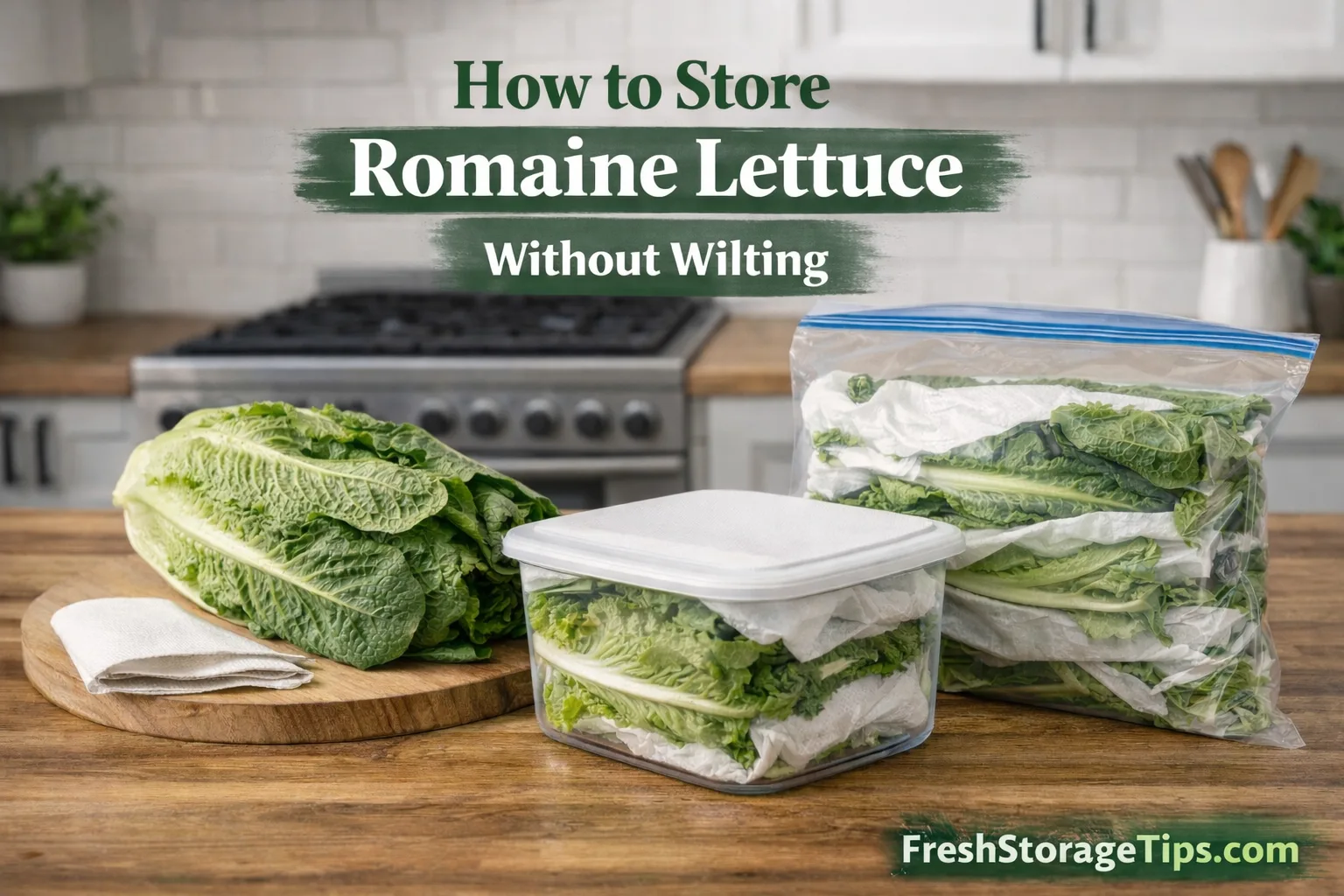 Fresh crisp romaine lettuce hearts on a marble countertop.