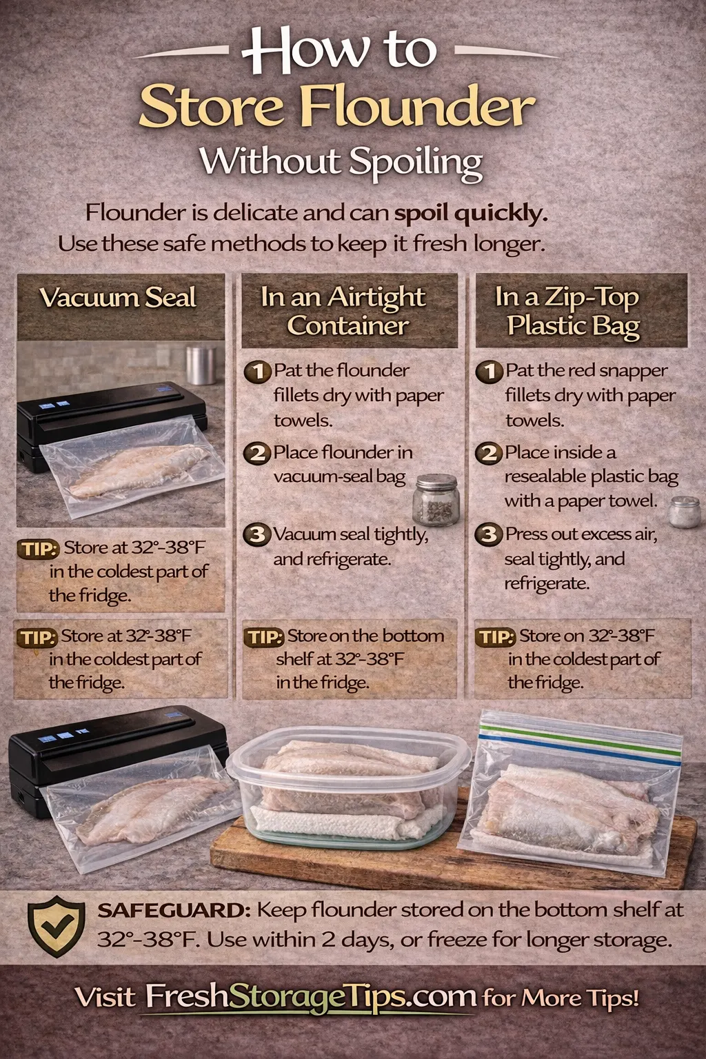 Infographic showing Flounder storage times: On Ice 4 days, Store Bag 1 day, Frozen 6 months.