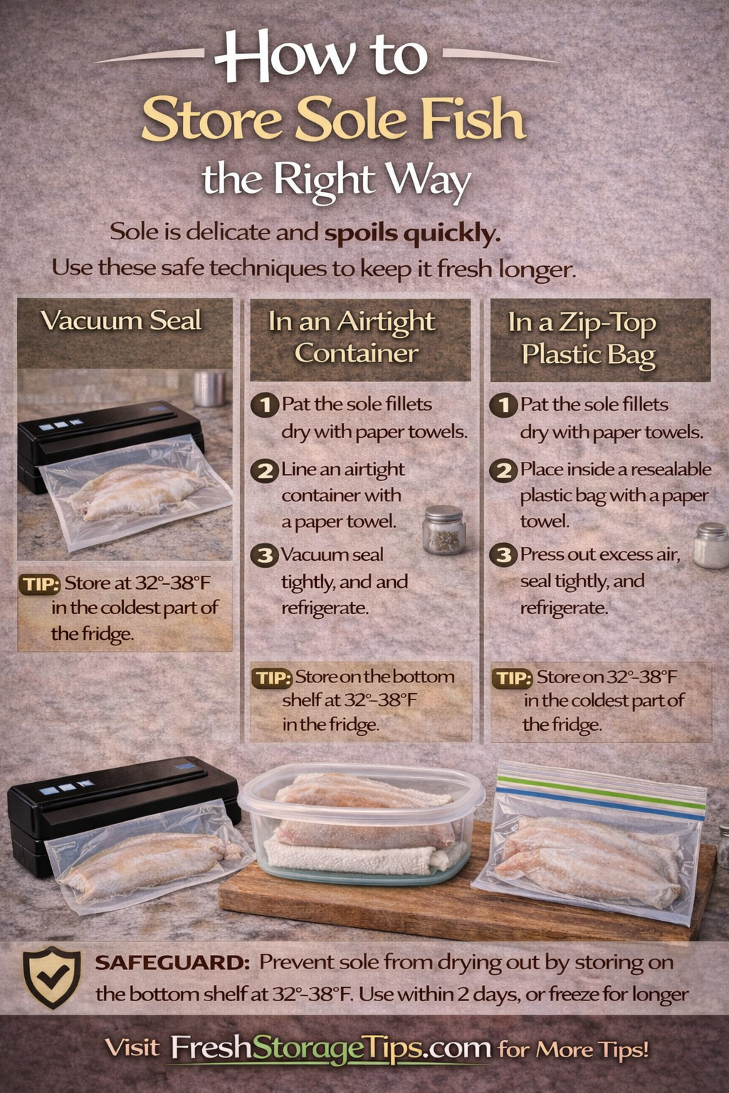 Infographic showing Sole storage times: Ice Rig 4 days, Store Wrap 1 day, Freezer 6 months.