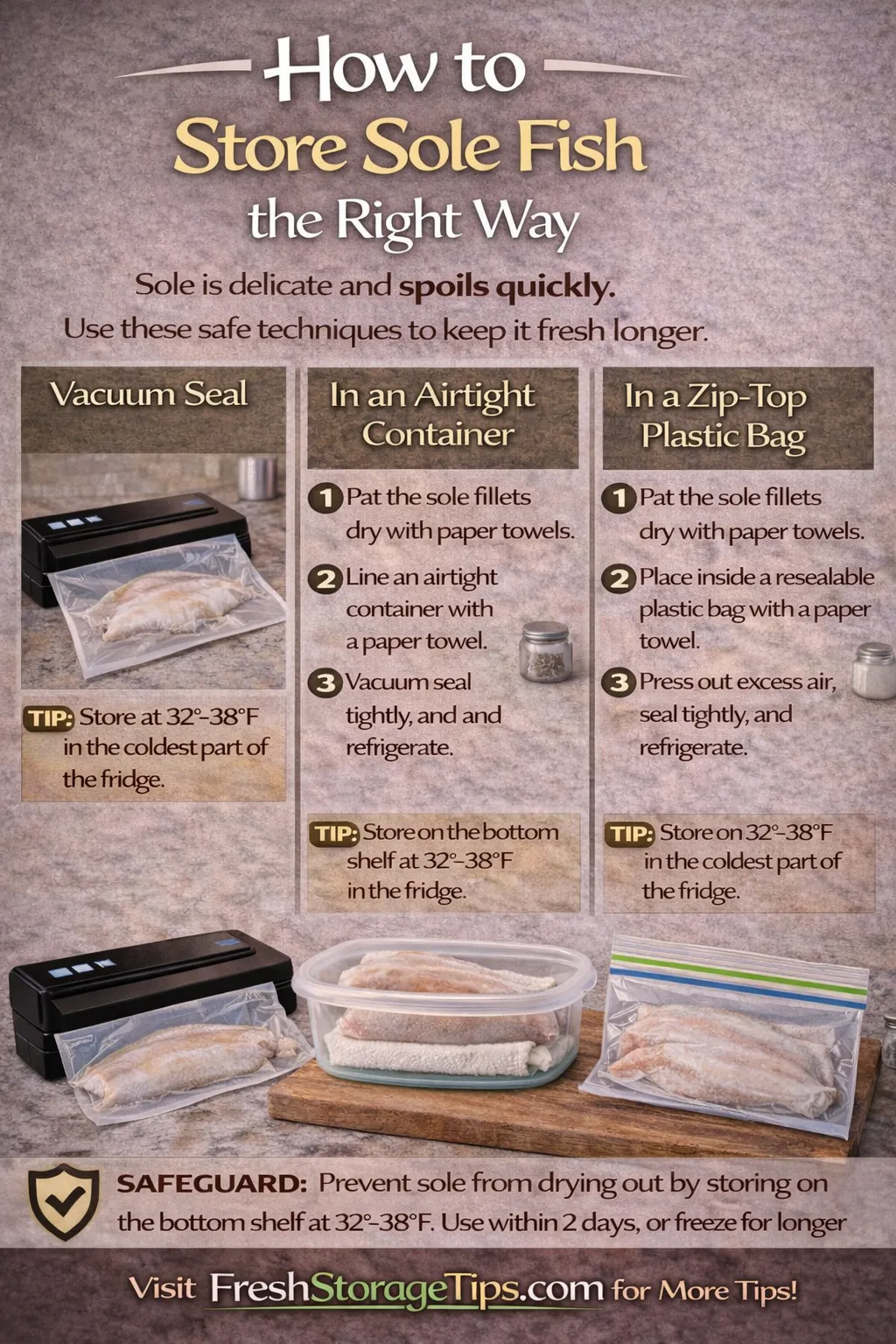 Infographic showing Sole storage times: Ice Rig 4 days, Store Wrap 1 day, Freezer 6 months.