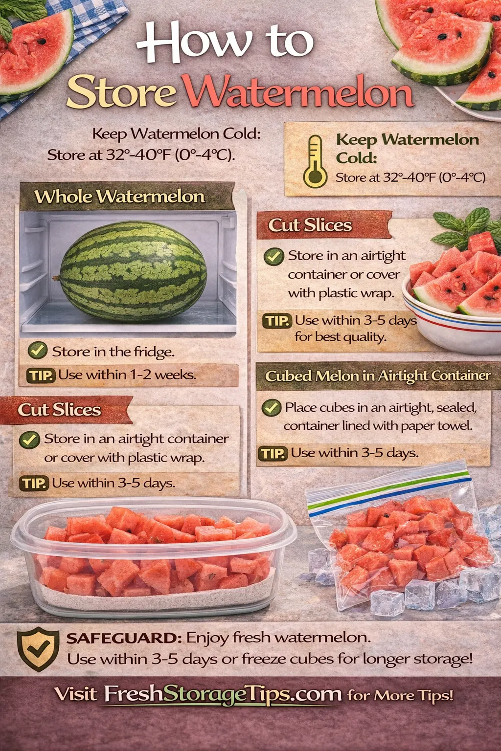 Infographic showing Watermelon storage times: Whole 10 days, Cubed 3 days, Frozen 12 months.