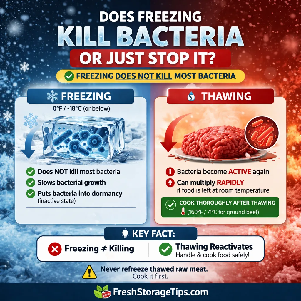 Infographic explaining that freezing does not kill bacteria but slows growth while thawing reactivates bacteria and increases food safety risks