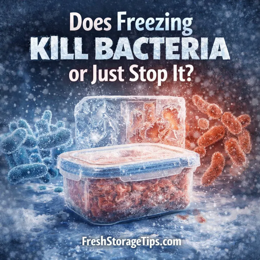 Frozen food with ice crystals showing how freezing stops bacterial growth but does not kill bacteria
