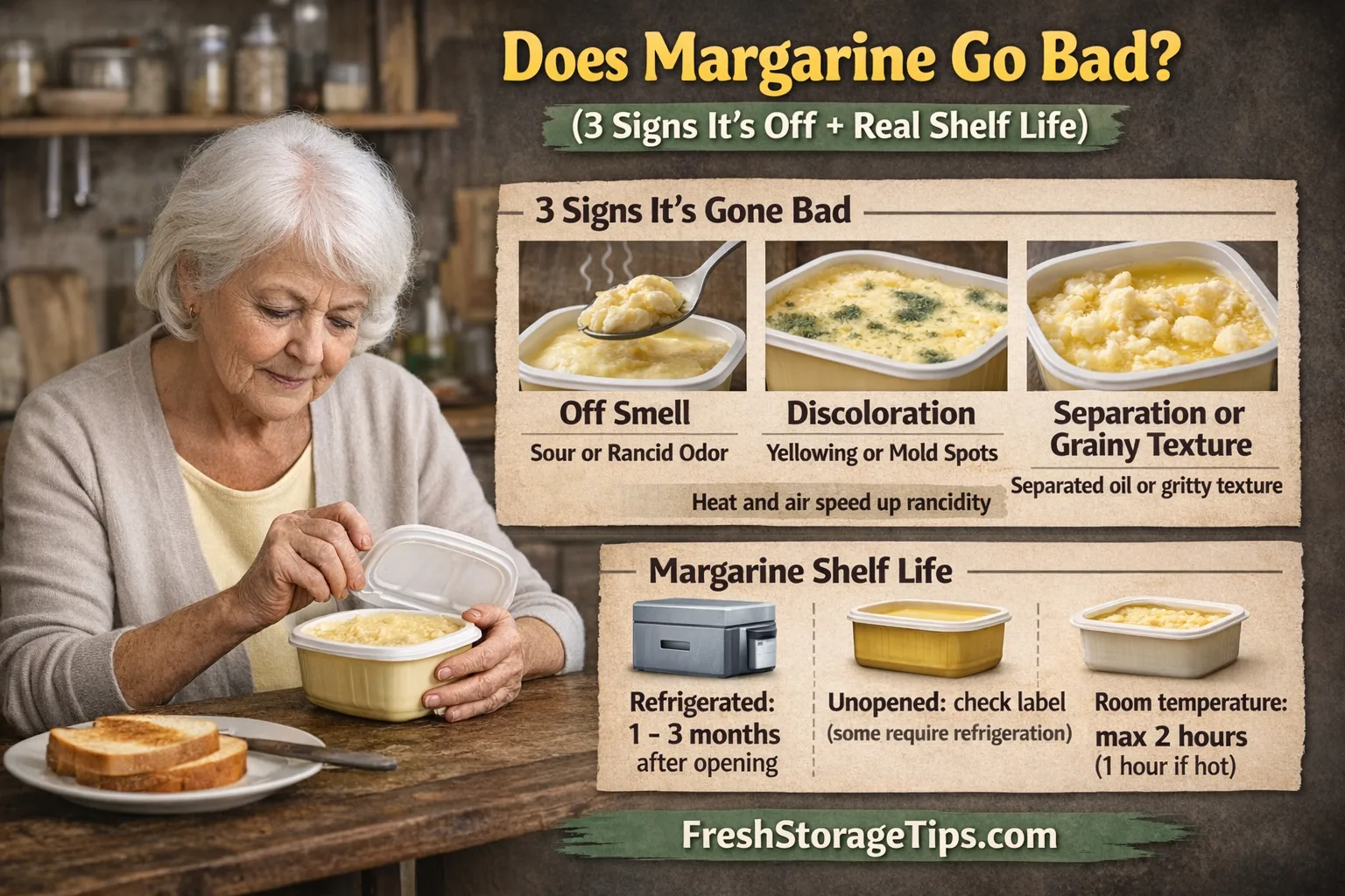Infographic showing how to tell if margarine is bad including smell color texture and safe storage times