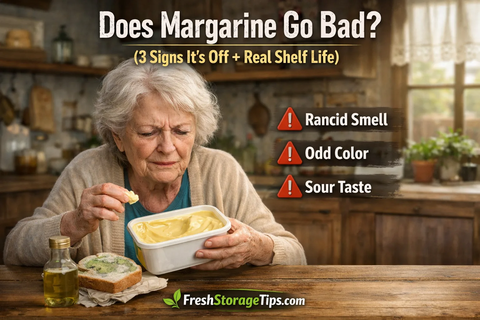 Elderly woman checking margarine in a kitchen, looking for signs it has gone bad