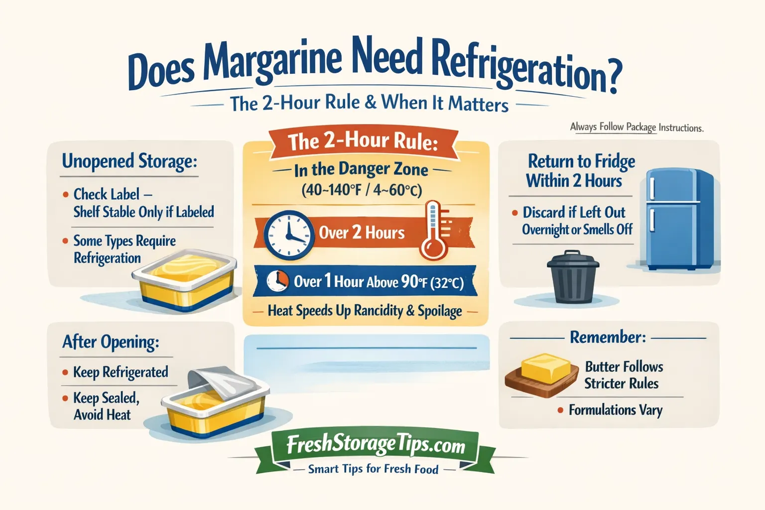 Infographic explaining margarine storage rules including 2-hour limit at room temperature, refrigeration guidance, and spoilage prevention tips
