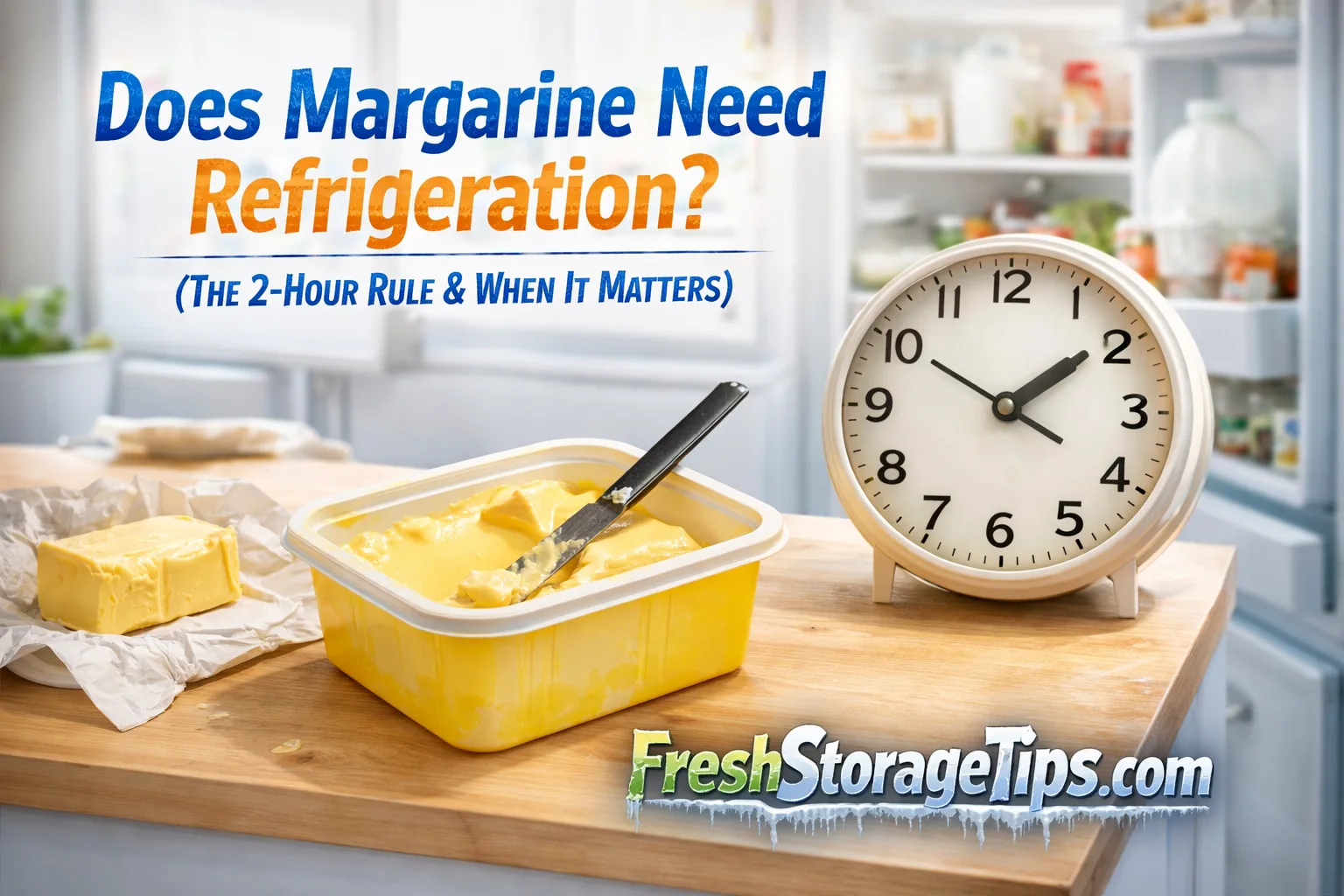 Open margarine tub on a kitchen counter with a clock showing the 2-hour rule for safe storage before refrigeration