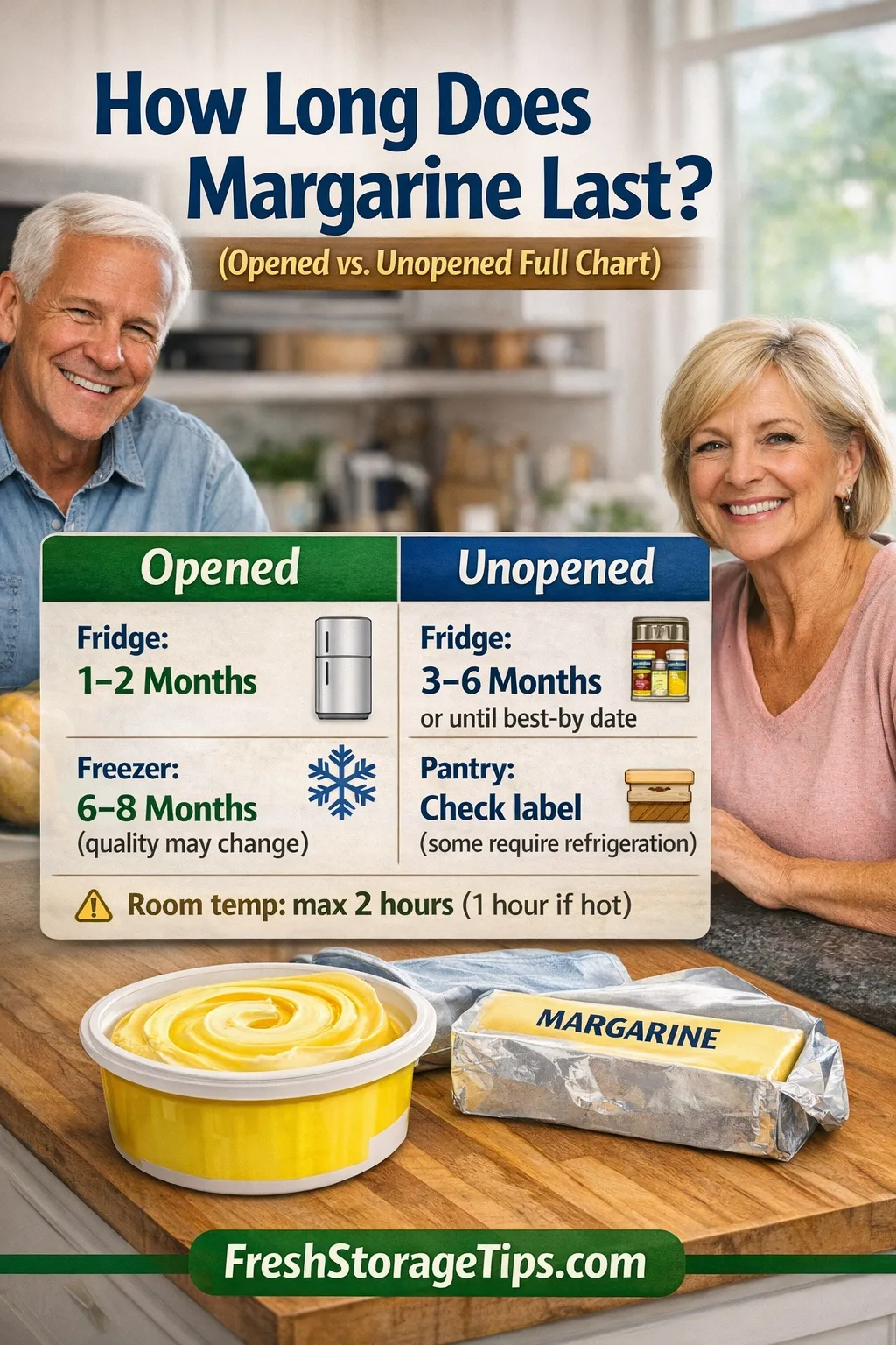 Margarine tubs on a kitchen counter with opened and unopened containers showing shelf life differences
