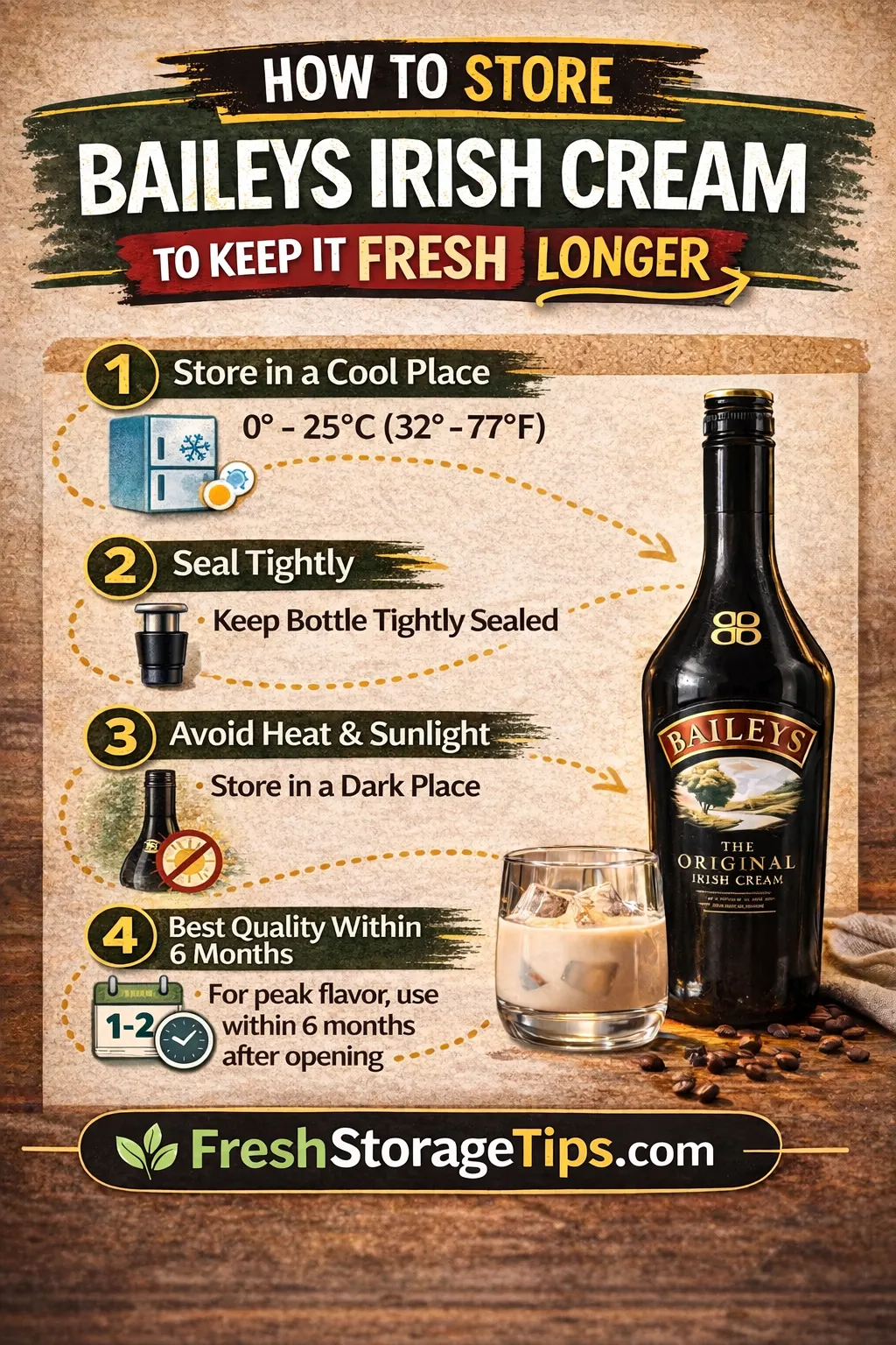 Infographic showing how to store Baileys Irish Cream including ideal storage temperature sealing the bottle and shelf life after opening