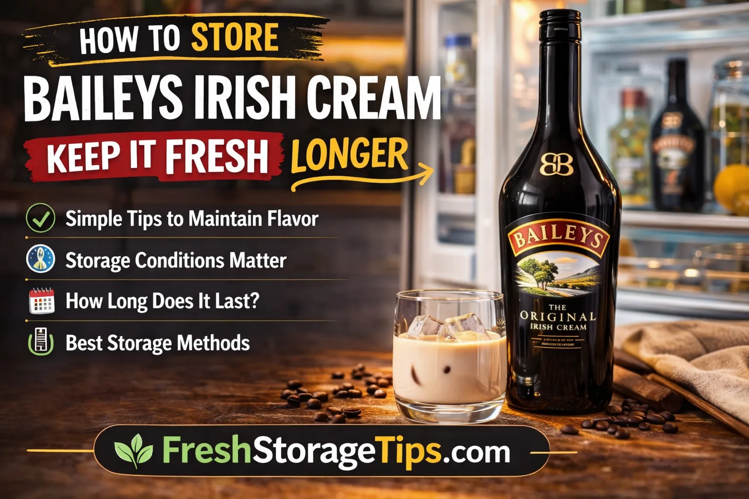 Bottle of Baileys Irish Cream with a glass showing how to store Baileys properly to keep it fresh longer