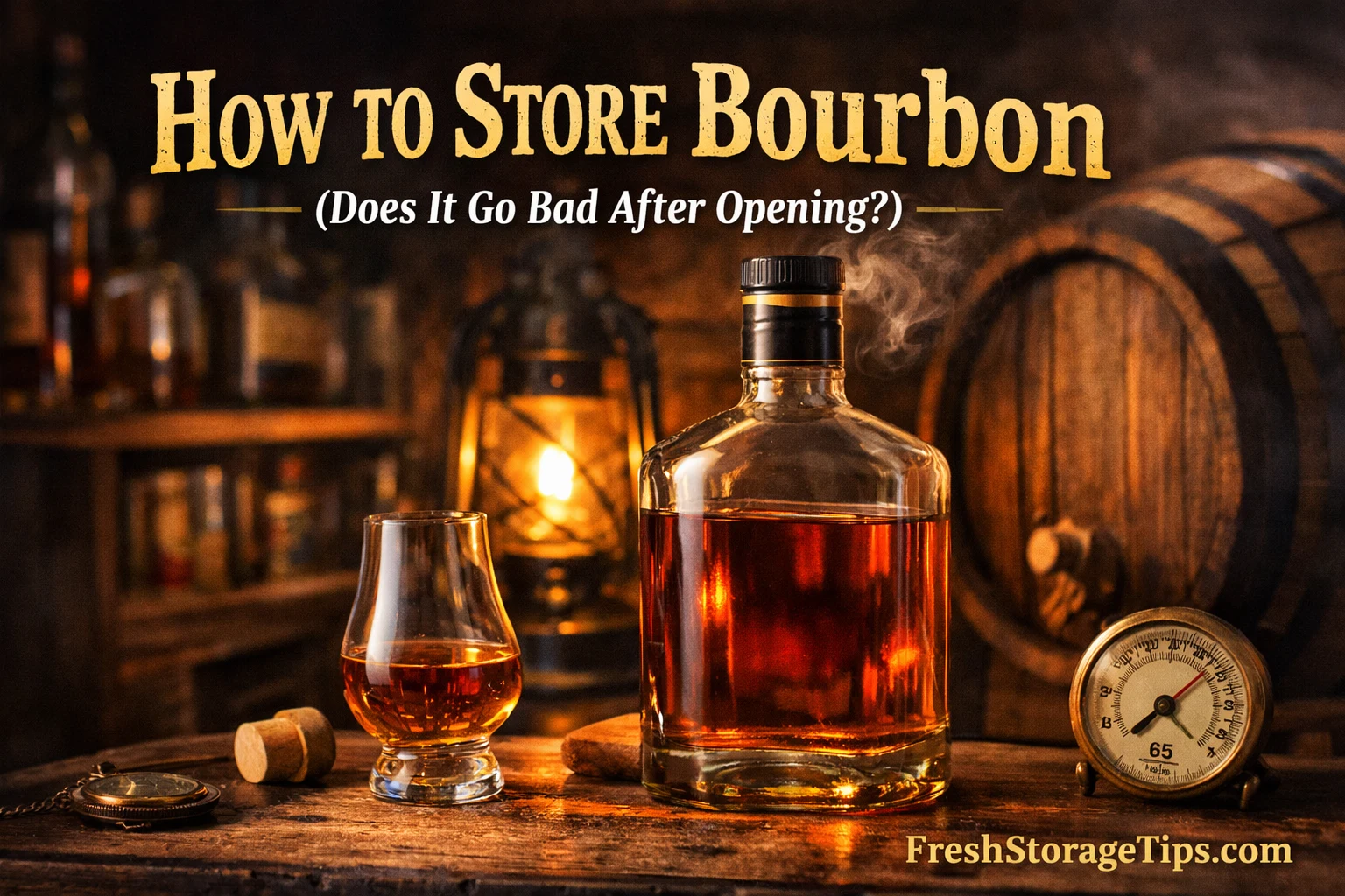 Bottle of bourbon and glass showing how to store bourbon after opening to keep flavor stable for years