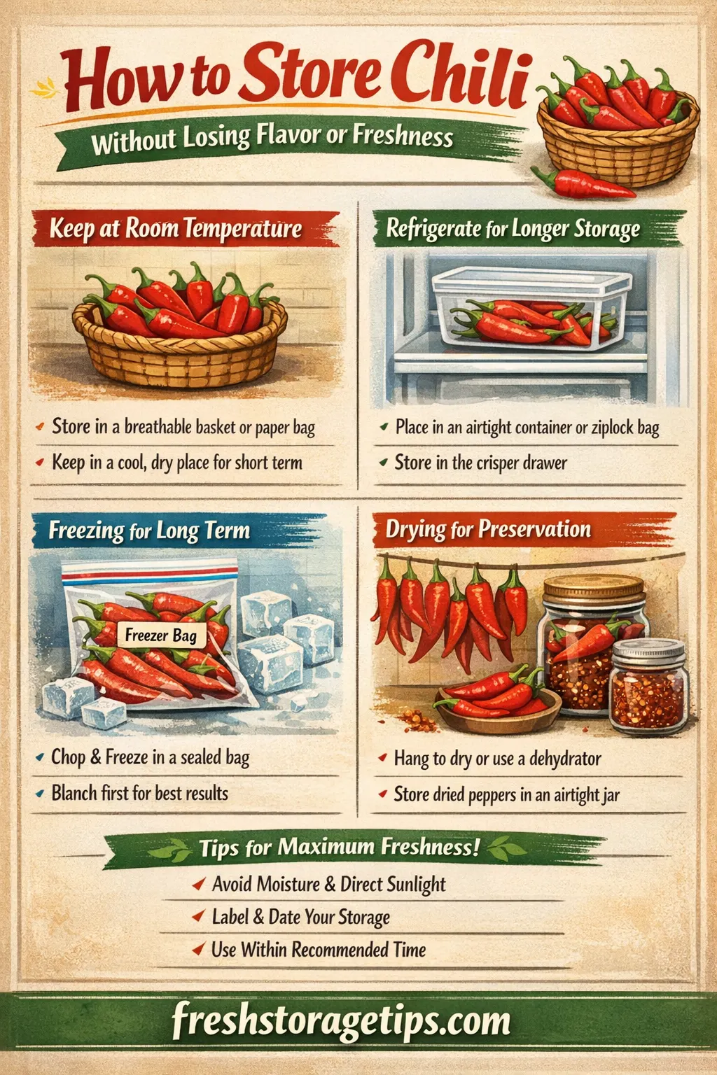 Infographic showing how to store chili with fridge and freezer storage methods, cooling tips, and food safety guidelines