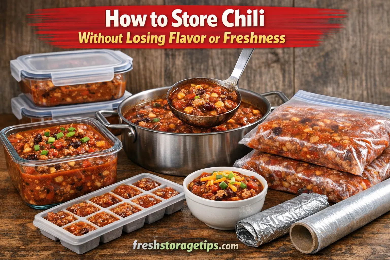 Cooked chili stored in airtight containers and freezer bags to keep flavor and freshness for longer storage