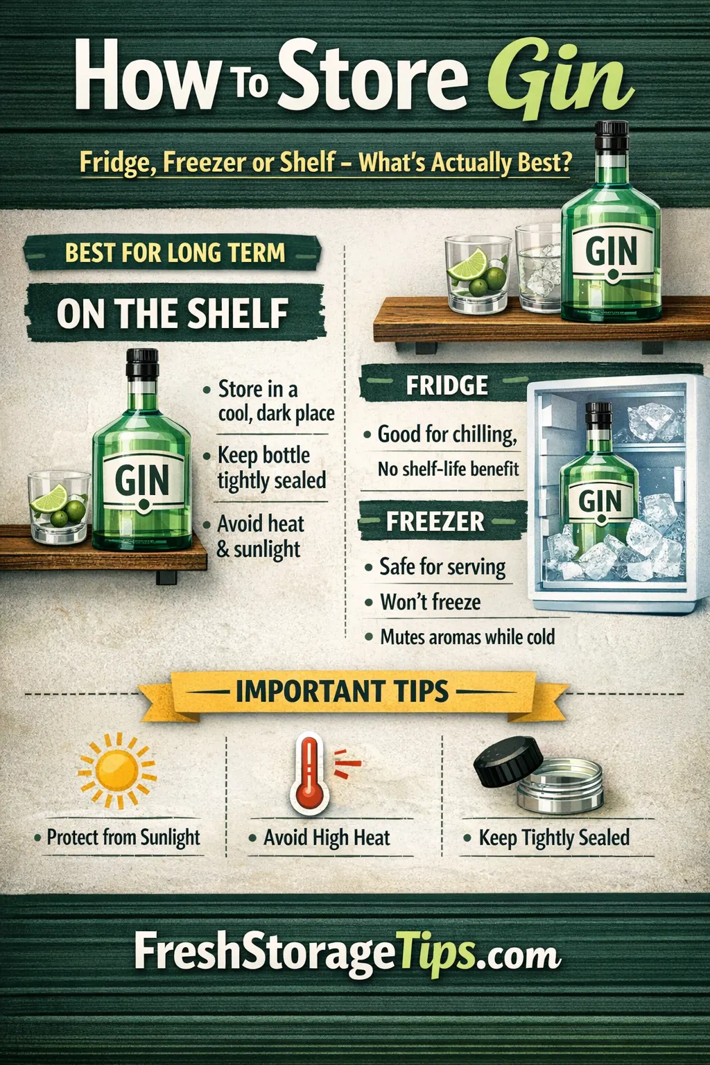 Infographic: best way to store gin — shelf temperature, fridge tips, and why the freezer hurts flavor