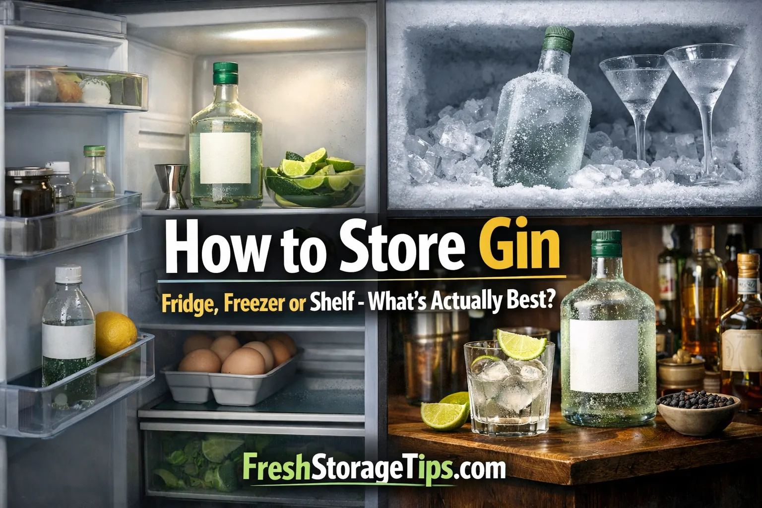 Gin bottle comparison showing shelf storage versus fridge and freezer — best method to preserve botanical flavor and quality
