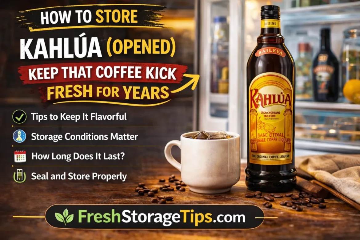 Bottle of Kahlúa coffee liqueur with a glass showing how to store opened Kahlúa to keep flavor fresh for years
