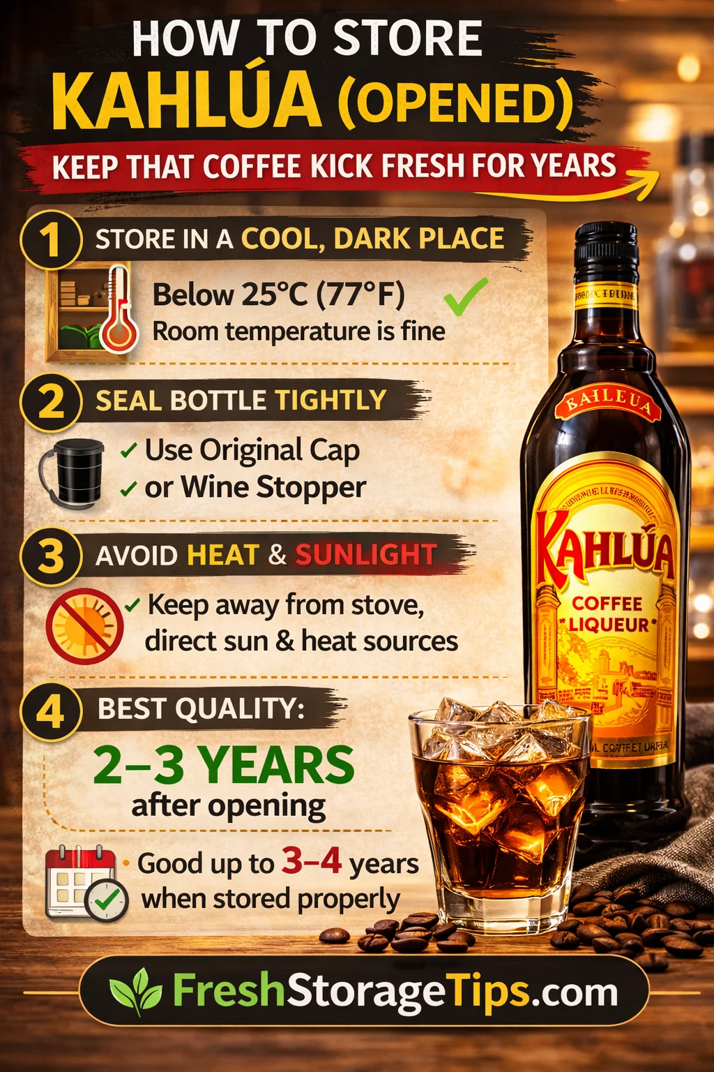 Bottle of Kahlúa coffee liqueur with a glass showing how to store opened Kahlúa to keep flavor fresh for years