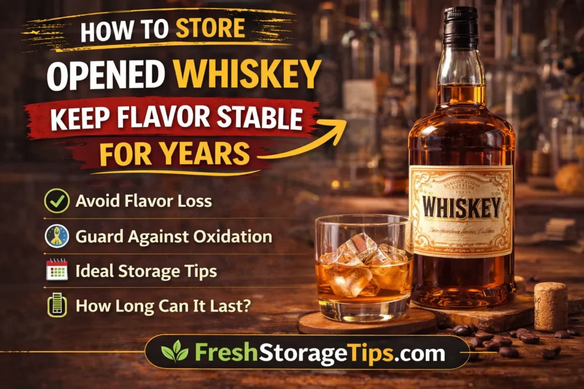 Bottle of opened whiskey with a glass showing how to store whiskey properly to keep the flavor stable for years