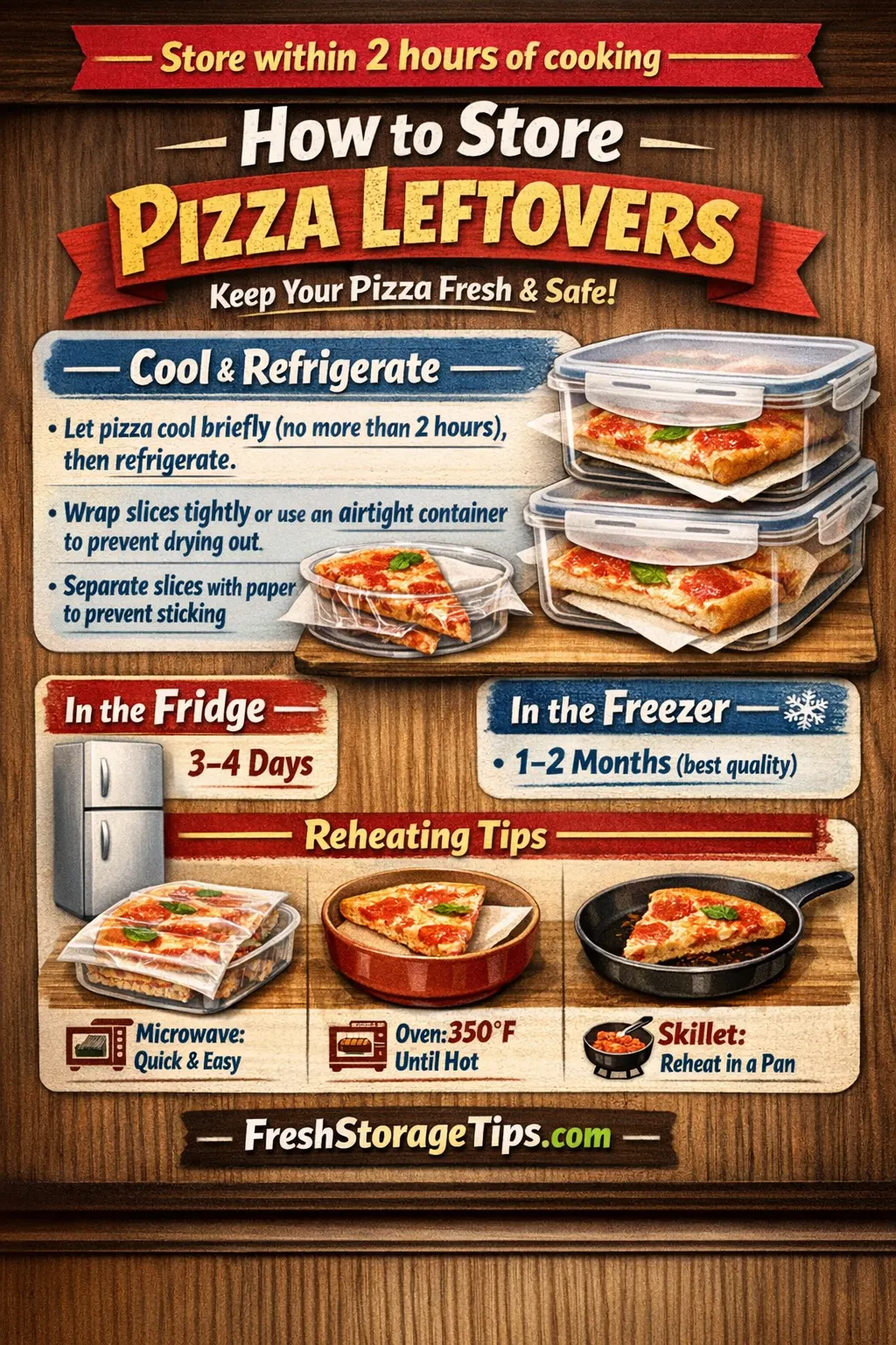 Infographic showing how to store leftover pizza with fridge and freezer storage times, proper wrapping methods, and reheating tips