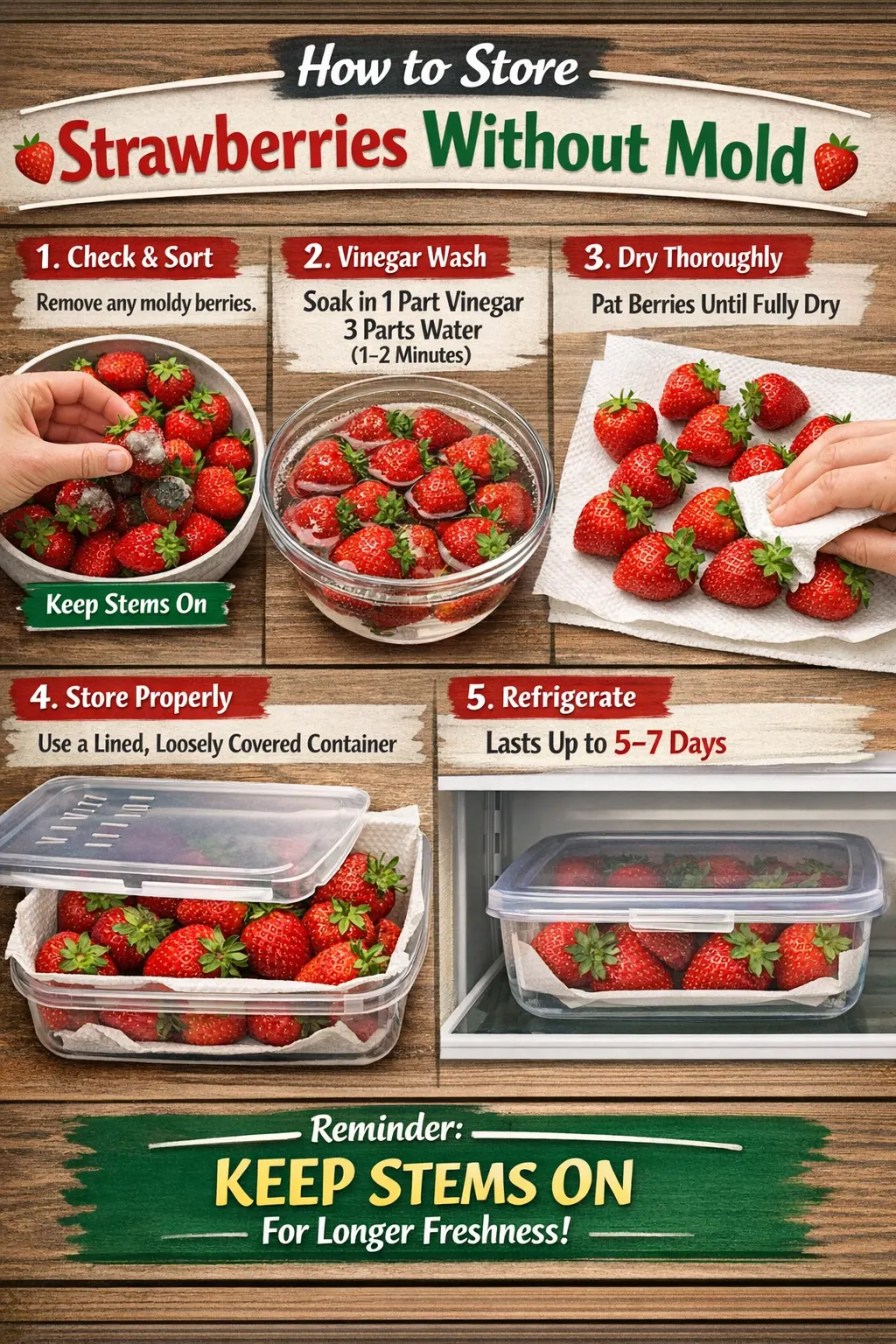Infographic: how to store strawberries without mould — vinegar wash ratio, drying method, container setup