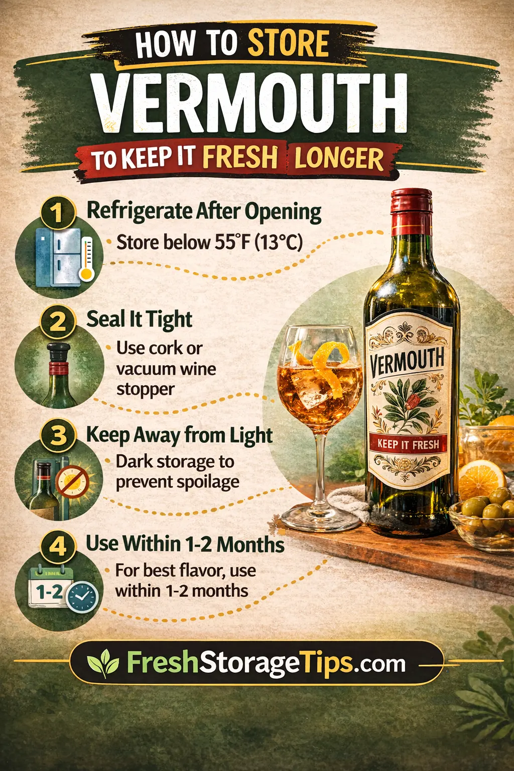 Infographic explaining how to store vermouth including refrigeration sealing and storage time