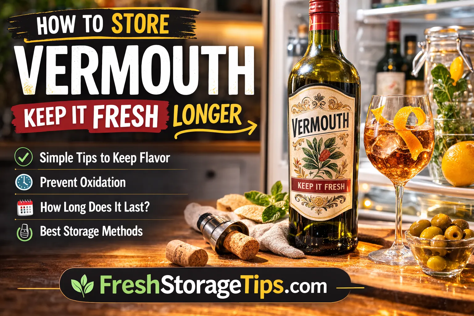Bottle of vermouth and cocktail showing how to store vermouth properly to keep it fresh longer