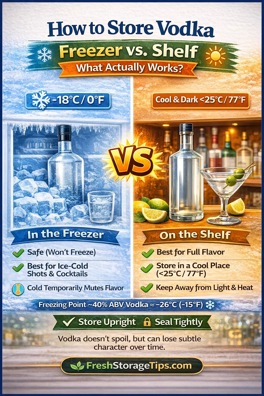 Infographic comparing vodka storage in freezer vs shelf including temperature flavor impact and proper storage tips