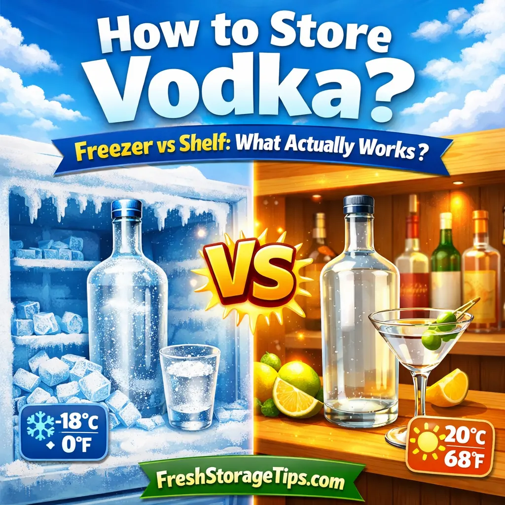 Vodka bottle in freezer and on shelf comparison showing how to store vodka properly after opening