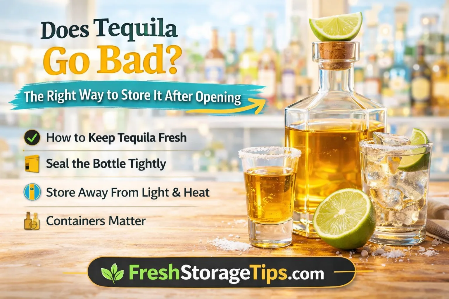 Bottle of tequila with glass and lime showing how to store tequila after opening to keep it fresh longer