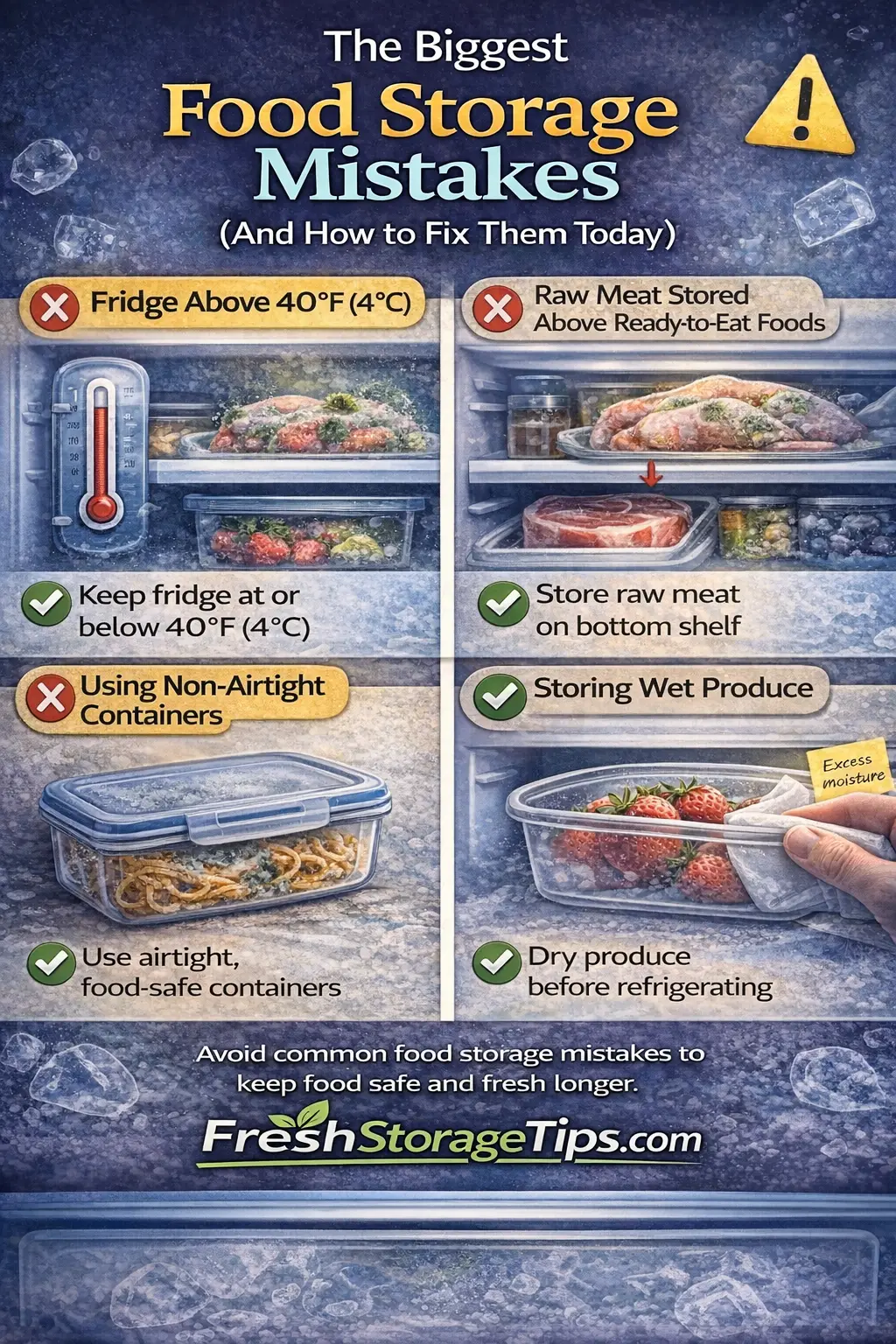 Infographic showing the 5 biggest food storage mistakes and their easy fixes with before/after timelines