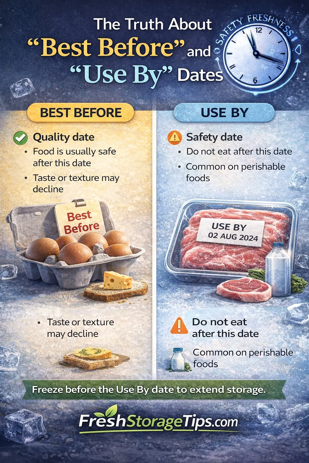 Infographic showing the true timeline of food safety past the printed date for common kitchen items.