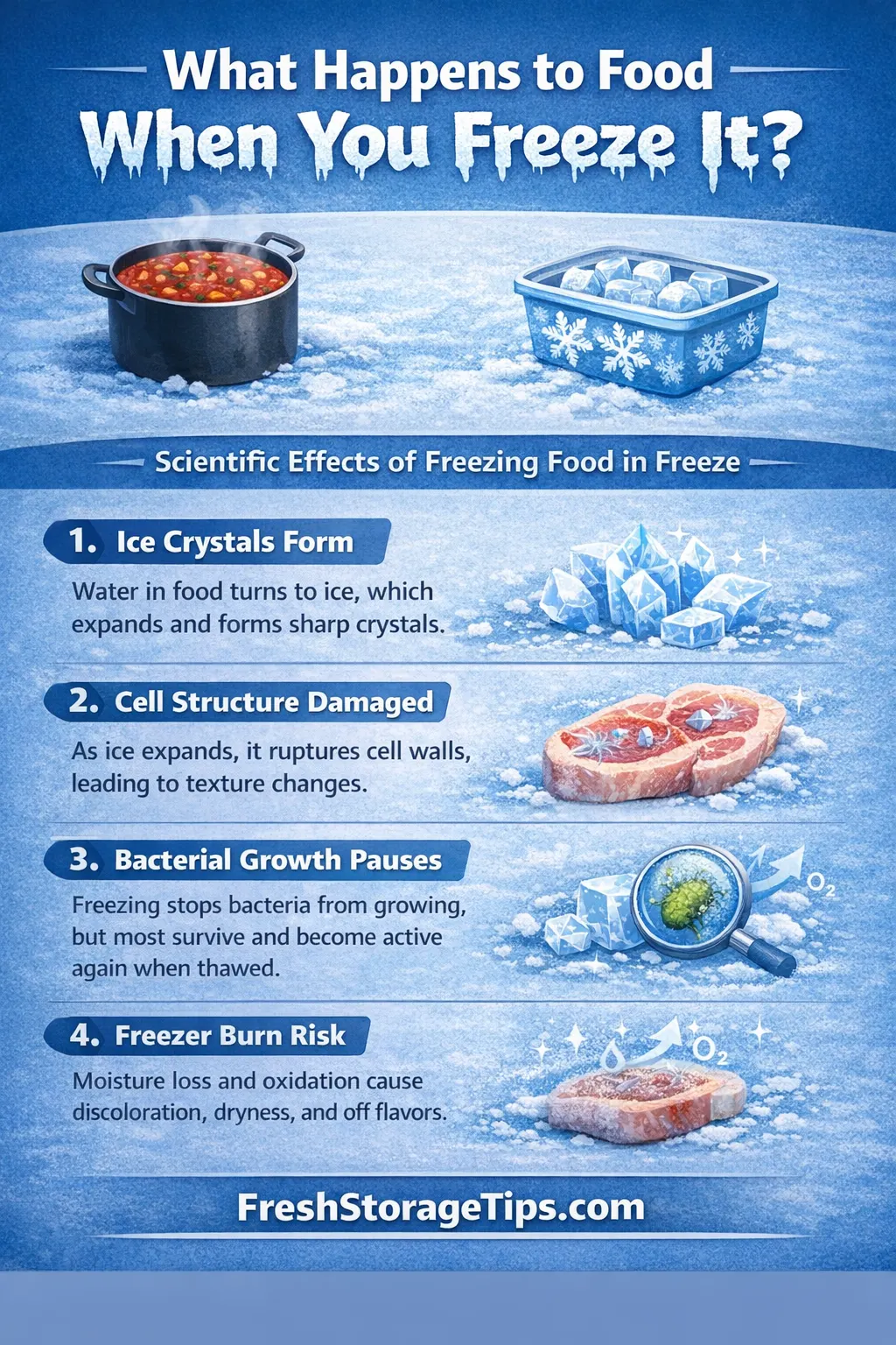 Infographic detailing the timeline of freezing and how large ice crystals destroy cellular walls in food.