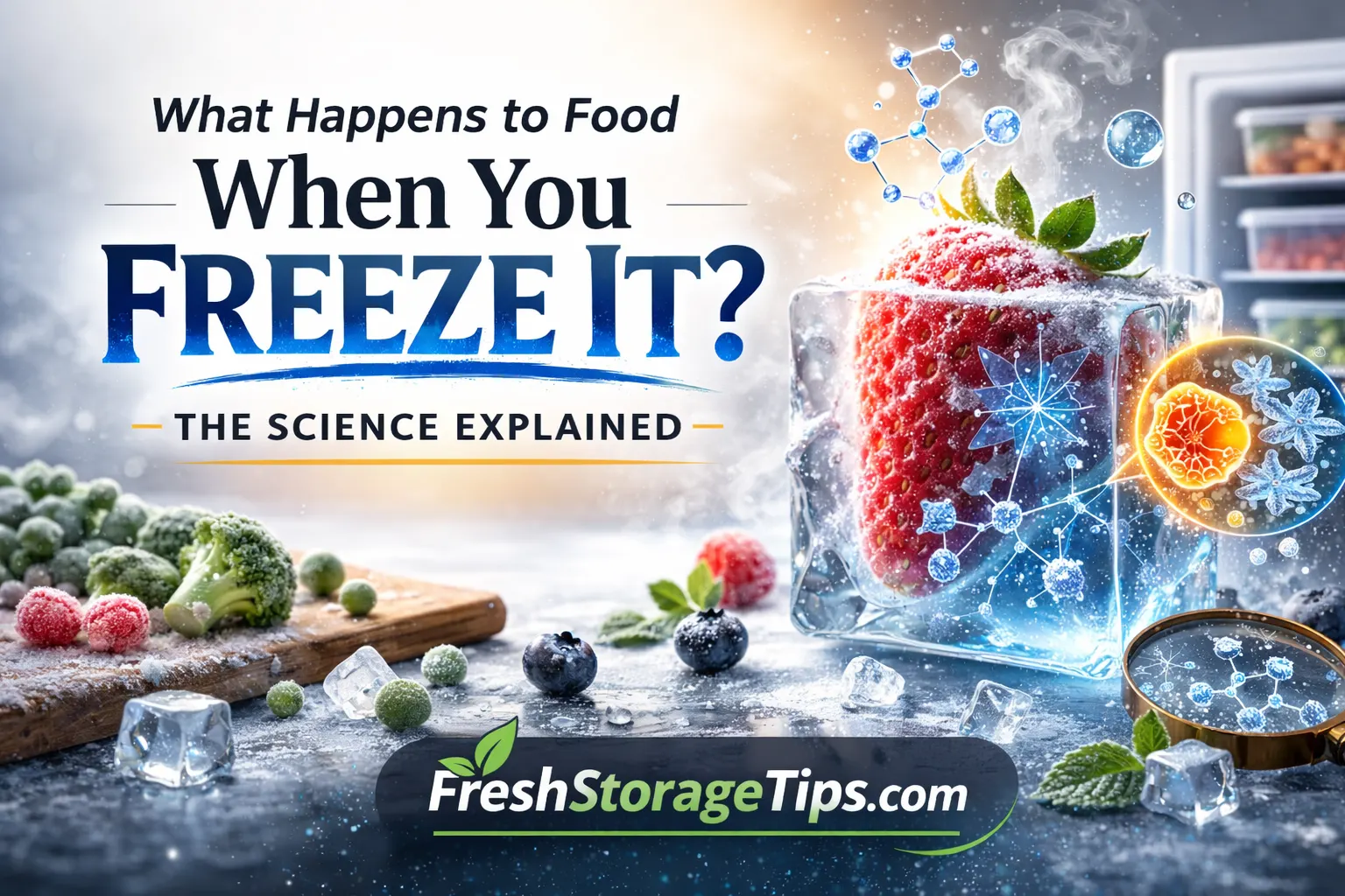 A block of frozen vegetables showing visible ice crystals and frost on the surface.