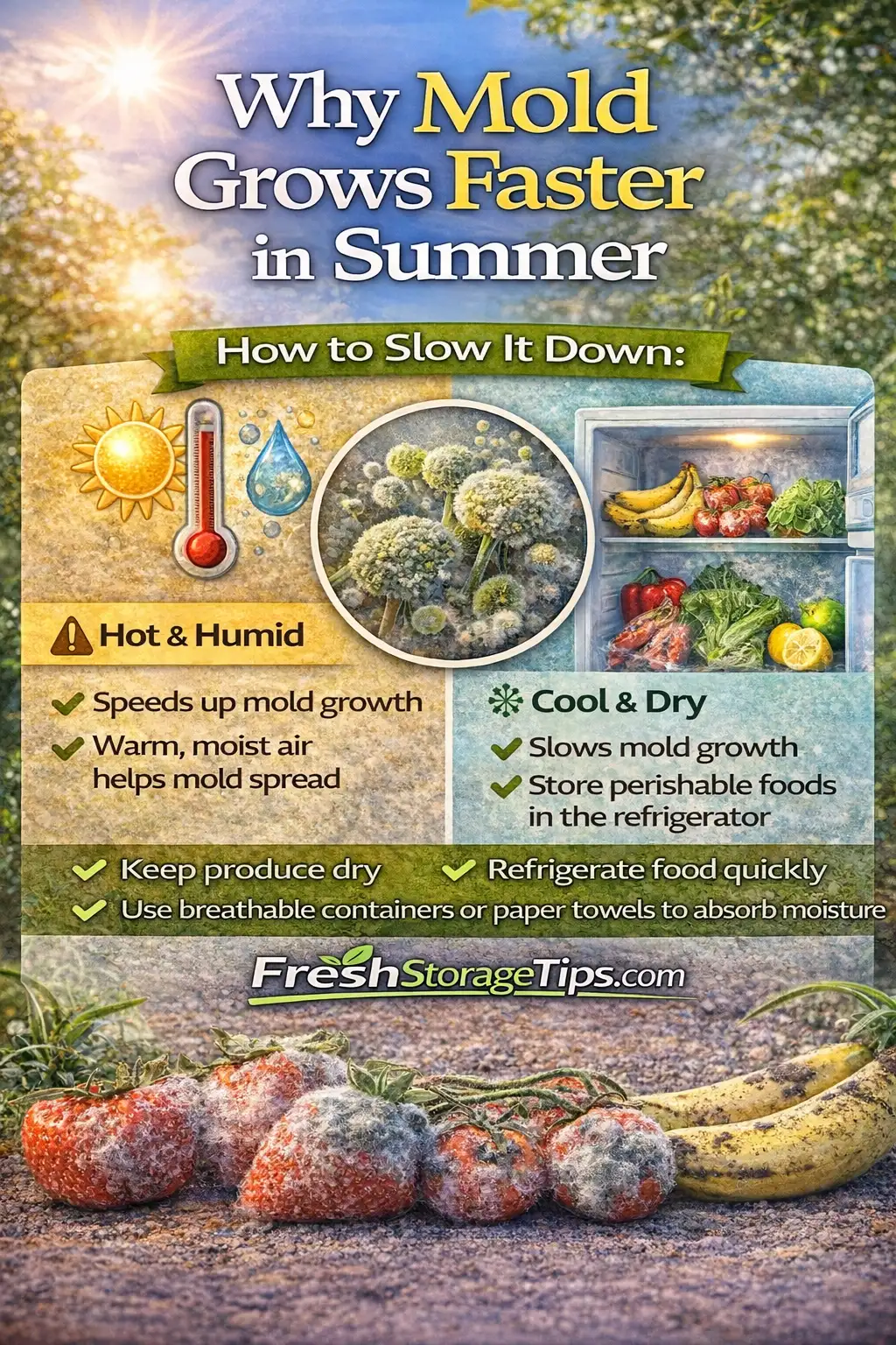 Infographic showing how temperature and humidity interact to speed up mold growth on bread and fruit.