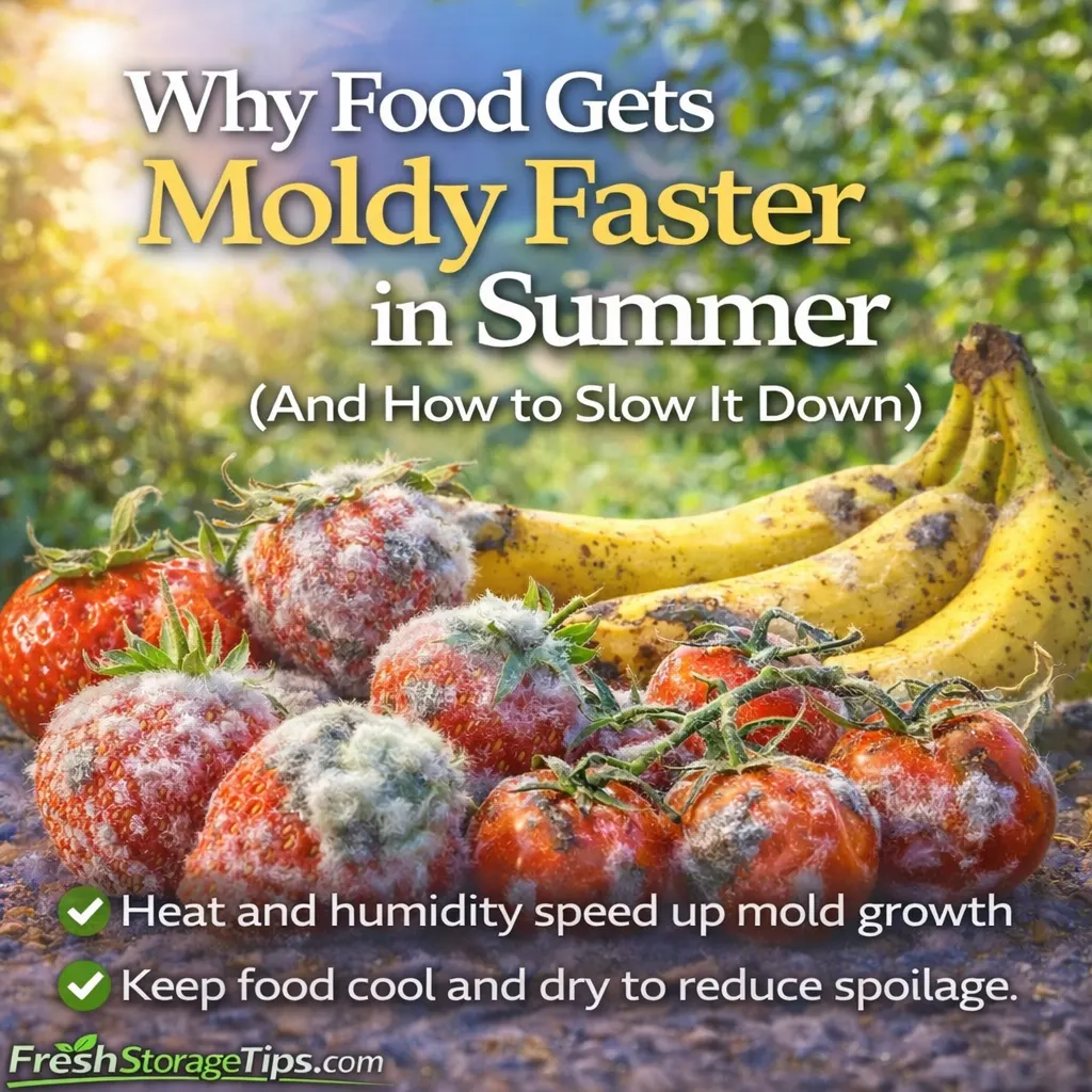 Moldy strawberries, tomatoes and bananas in warm sunlight showing faster mold growth in summer.