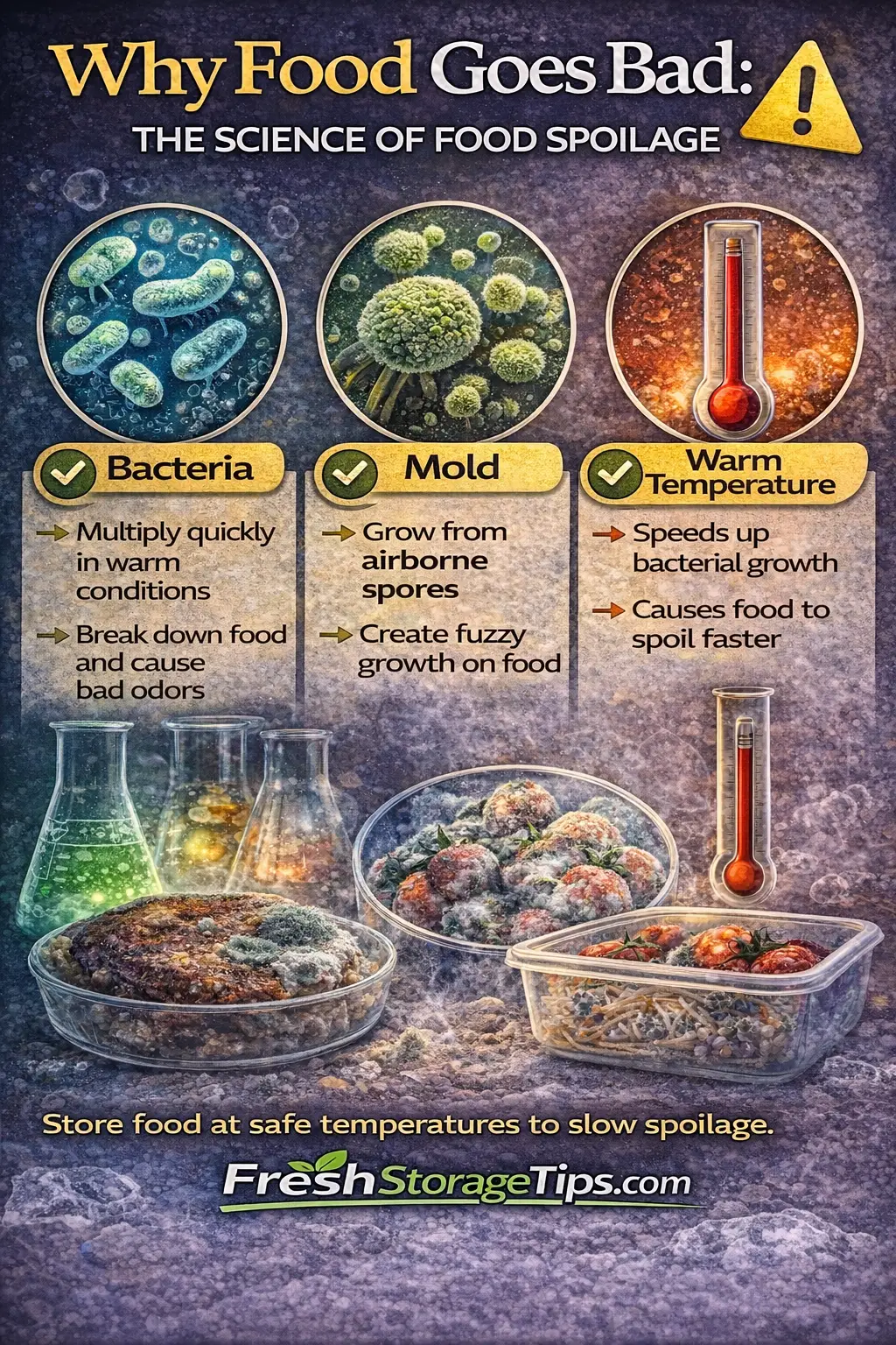 Infographic showing how temperature, moisture, and air accelerate food rot.