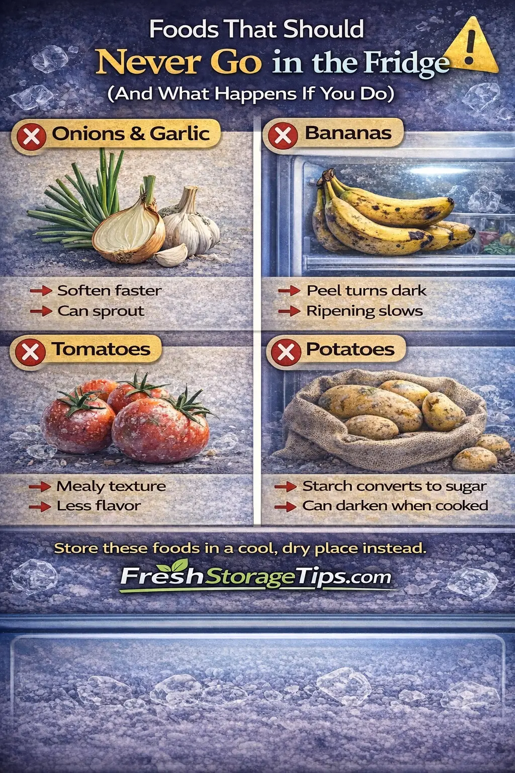 Infographic showing the best storage spots: Pantry vs Fridge vs Freezer.