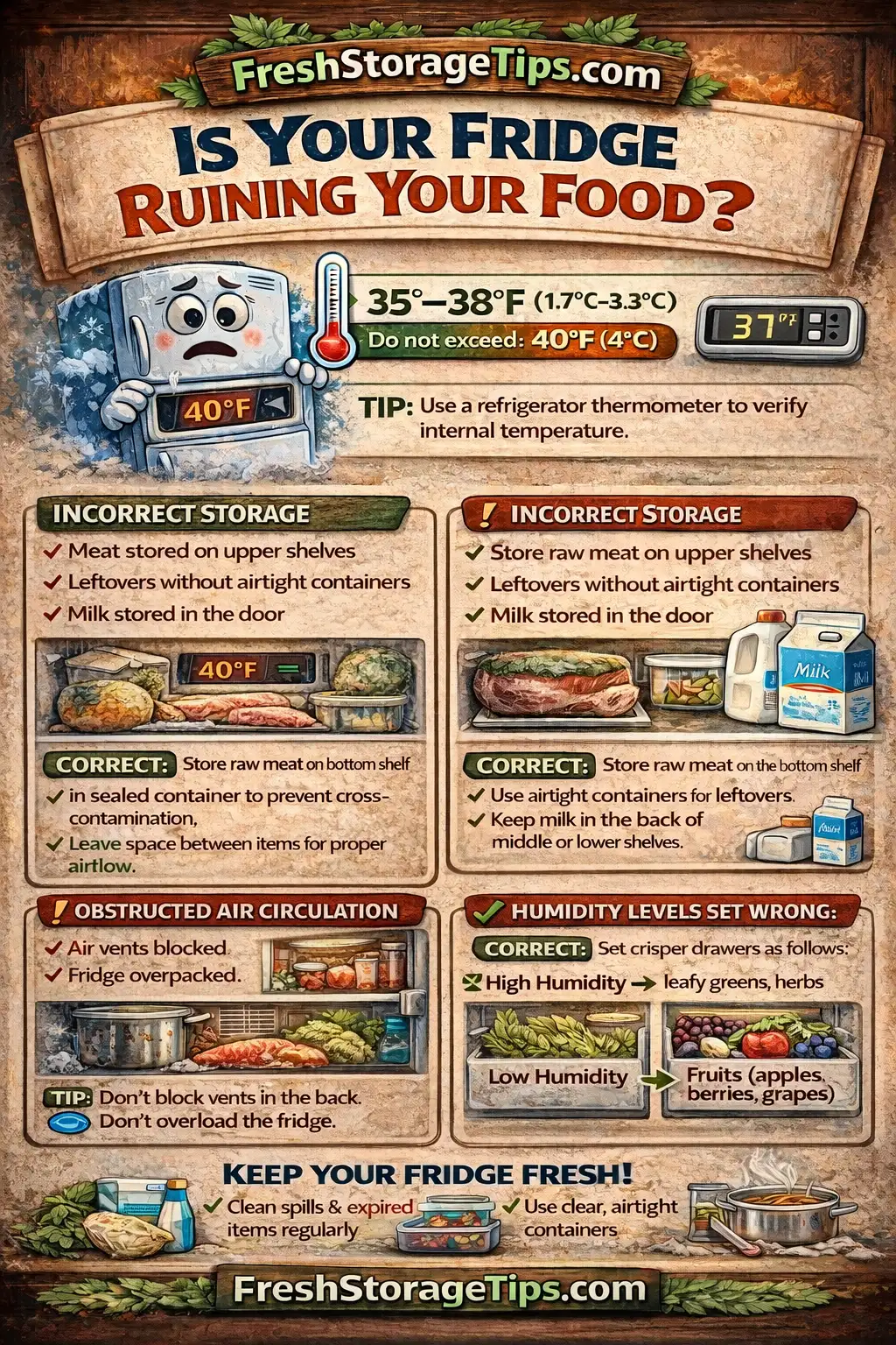 Infographic showing the warmest and coldest zones inside a standard refrigerator.