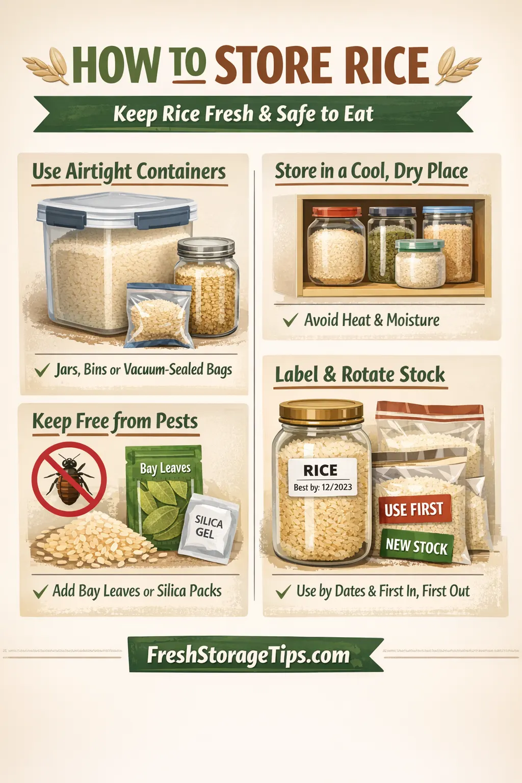 Infographic showing how to store rice using airtight containers, cool dry storage, pest prevention methods and proper labeling for long term freshness