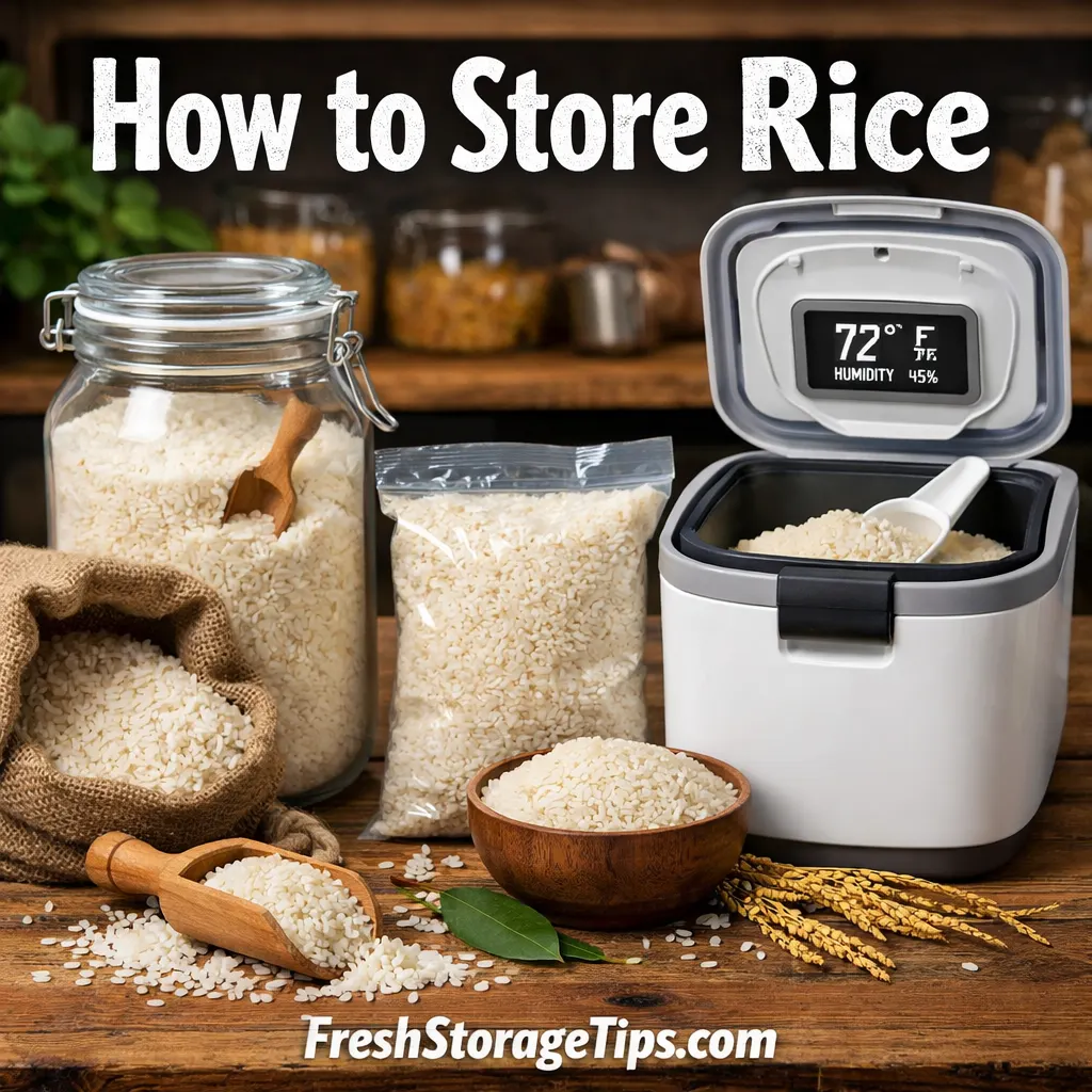 Rice stored in airtight containers, glass jars, and vacuum bags in a cool dry pantry to keep it fresh and prevent moisture and pests