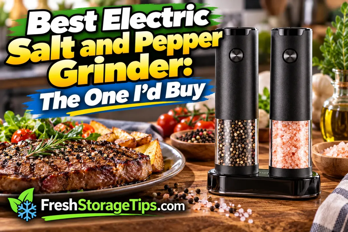 Two black electric salt and pepper grinders next to a grilled steak, with the FreshStorageTips.com logo
