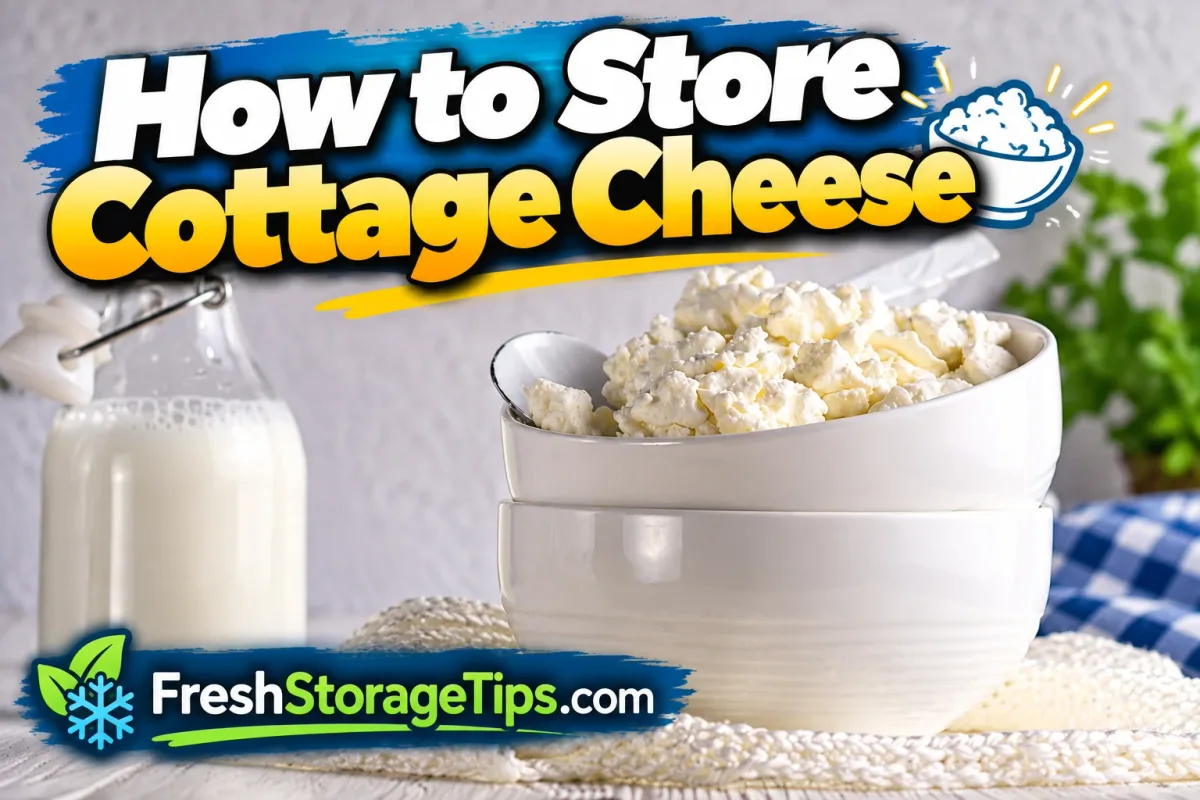 Cottage cheese curds in a stacked white bowl next to a bottle of milk, with the title How to Store Cottage Cheese and the FreshStorageTips.com logo