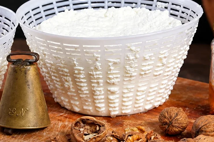 Fresh ricotta in a white plastic draining basket on a wooden board, next to an old brass bell and a few walnuts
