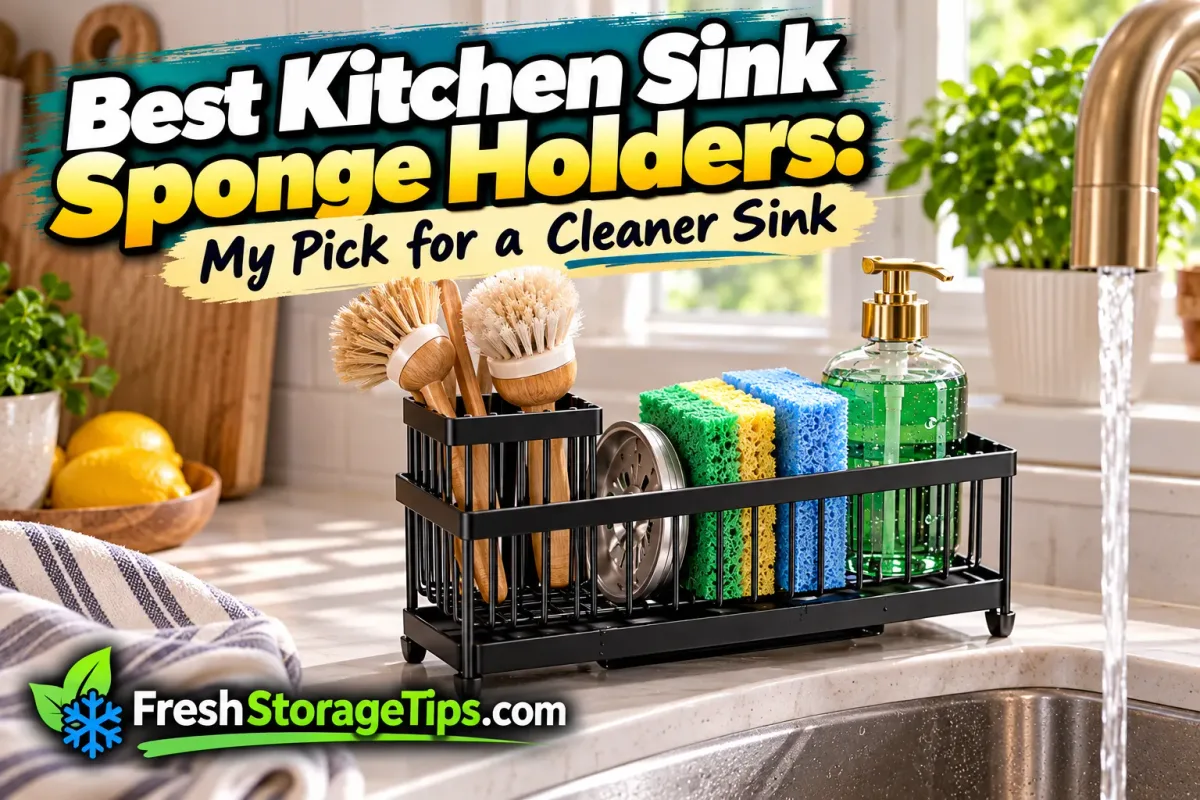 A sink caddy with dish brushes, sponges and dish soap next to a kitchen sink, with the FreshStorageTips.com logo