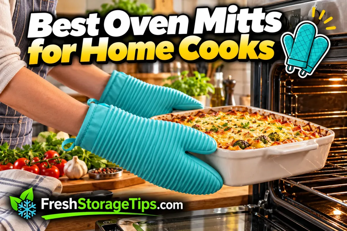 Hands in ribbed turquoise silicone oven mitts taking a casserole out of the oven, with the FreshStorageTips.com logo
