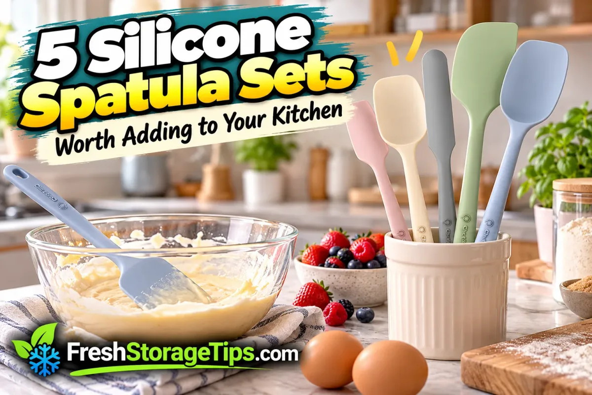 Pastel silicone spatulas in a white crock and a bowl of batter, with the FreshStorageTips.com logo