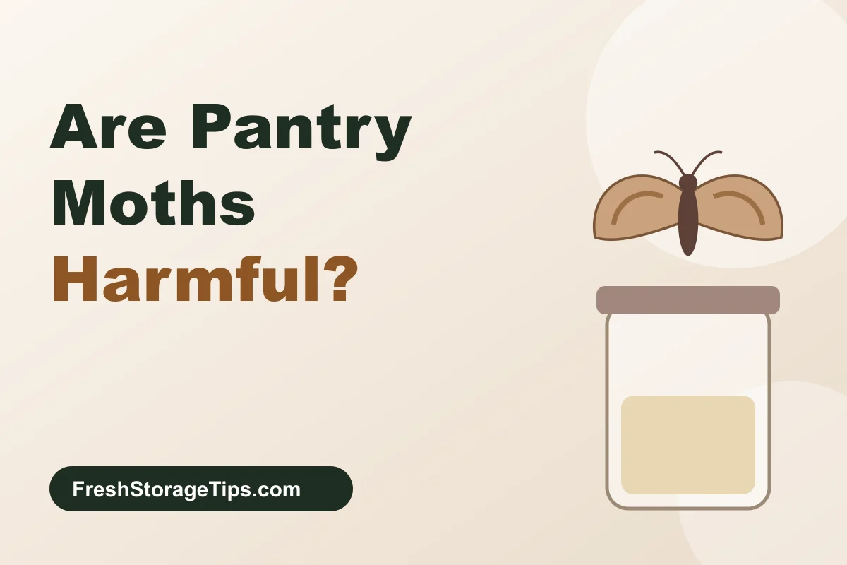Illustration of a pantry moth above a storage jar, with the title Are Pantry Moths Harmful?