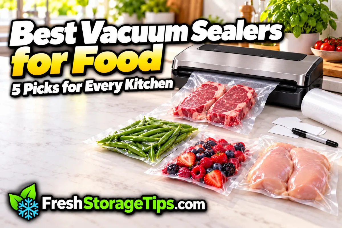 A stainless steel vacuum sealer sealing raw steaks in a clear bag, next to sealed bags of green beans, berries and chicken breasts, with the title Best Vacuum Sealers for Food and the FreshStorageTips.com logo