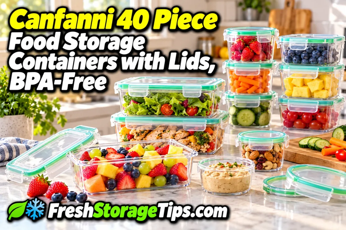 Canfanni plastic food storage containers with green-rimmed lids in many sizes, filled with fruit, vegetables, salad and dips