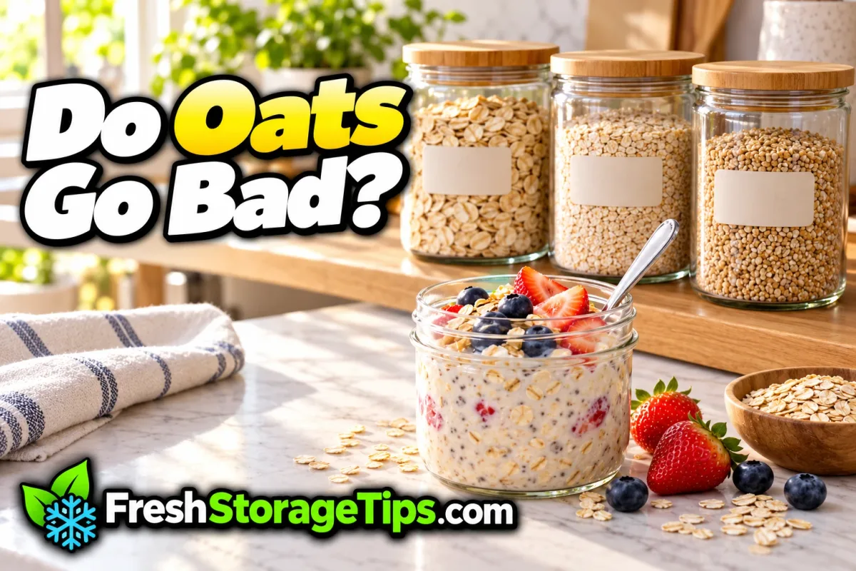 Three glass jars of rolled, quick and steel-cut oats on a pantry shelf and a jar of overnight oats with berries, with the title Do Oats Go Bad? and the FreshStorageTips.com logo